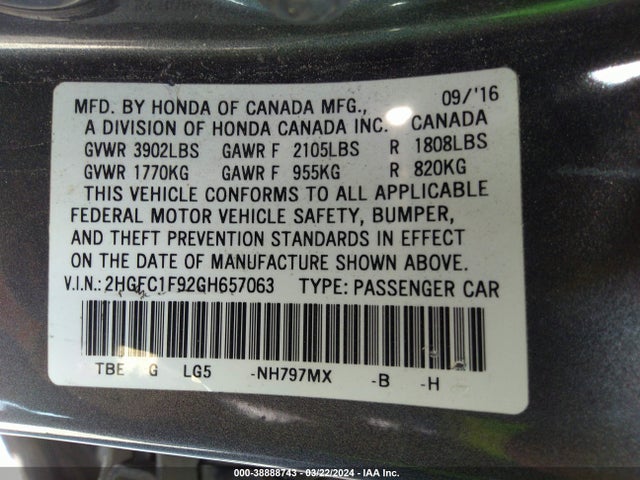 Honda Civic Touring 2016 2HGFC1F92GH657063 Image 9