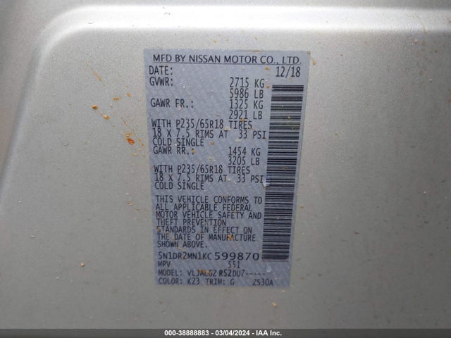 Nissan Pathfinder Sl 2019 5N1DR2MN1KC599870 Image 9