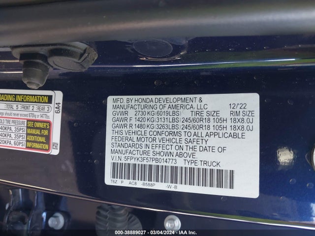 Honda Ridgeline Rtl 2023 5FPYK3F57PB014773 Image 9