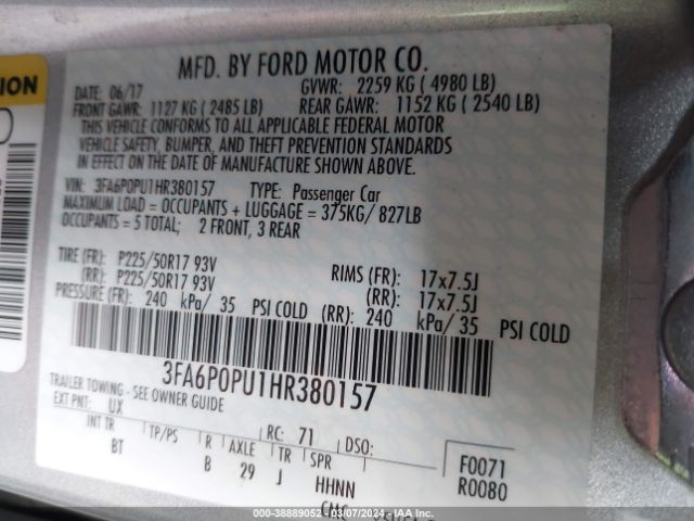3FA6P0PU1HR380157 Ford Fusion Energi Se Luxury