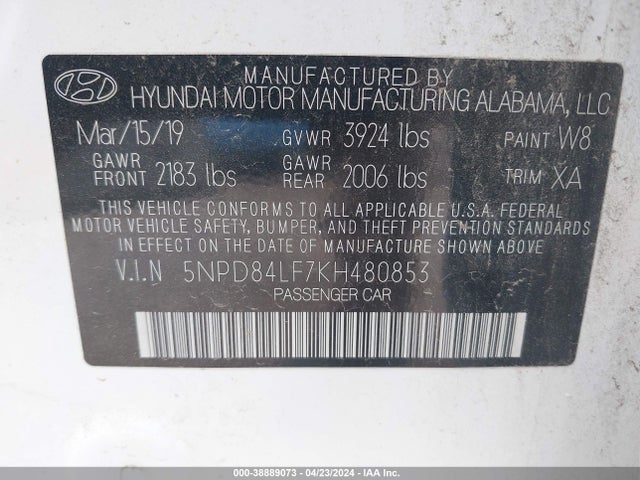 Hyundai ELANTRA SEL 2019 5NPD84LF7KH480853 Image 9