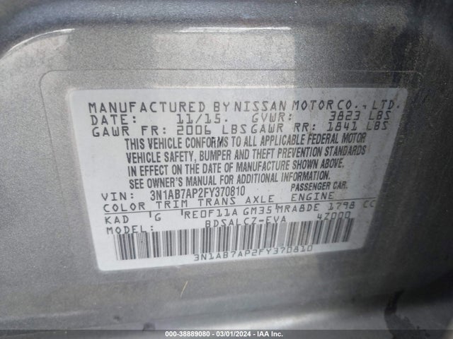 2015 NISSAN SENTRA S VIN: 3N1AB7AP2FY370810