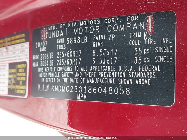 2008 HYUNDAI ENTOURAGE GLS/LIMITED VIN: KNDMC233186048058