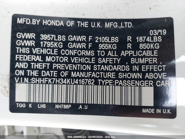 Honda Civic Lx 2019 SHHFK7H34KU416762 Image 9