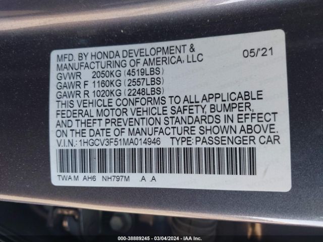 1HGCV3F51MA014946 Honda Accord Hybrid Ex-l