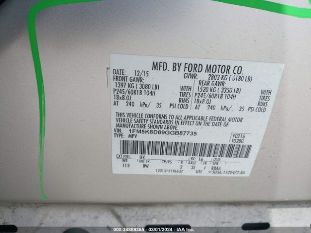 1FM5K8D89GGB87735 Ford EXPLORER XLT