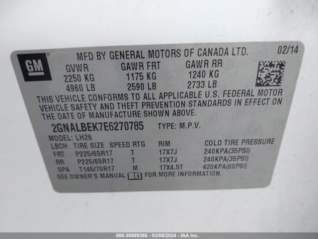 Chevrolet EQUINOX 1LT 2014 2GNALBEK7E6270785 Image 9