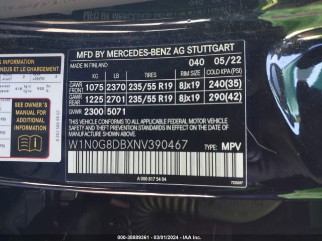 W1N0G8DBXNV390467 Mercedes-Benz Glc 300 Suv
