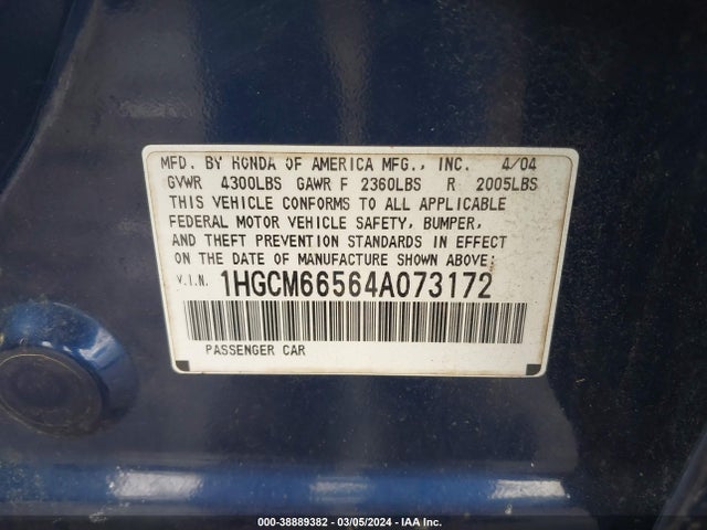 2004 HONDA ACCORD 3.0 EX VIN: 1HGCM66564A073172