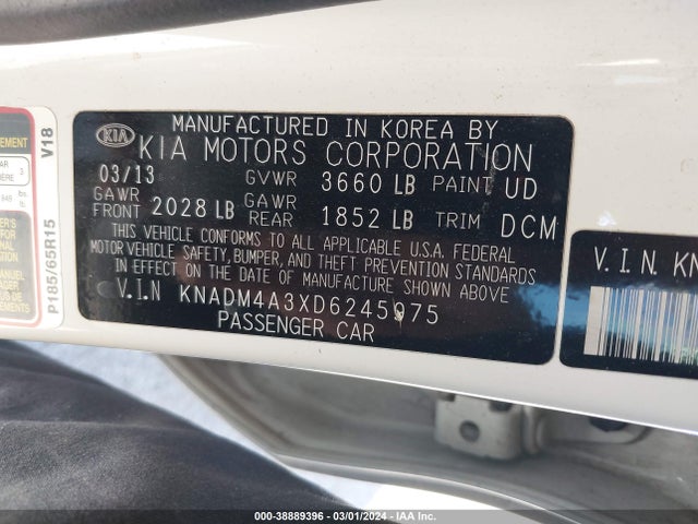 Aukcja sprzedaży 2013 Kia Rio Lx, vin: KNADM4A3XD6245975, numer aukcji: 38889396