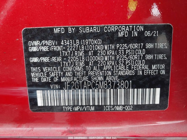 Subaru Crosstrek Premium 2021 JF2GTAPC5M8373801 Image 9