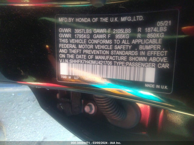 2021 HONDA CIVIC SPORT VIN: SHHFK7H43MU421706