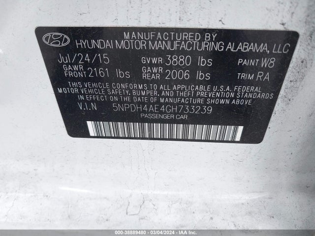 2016 HYUNDAI ELANTRA SE VIN: 5NPDH4AE4GH733239