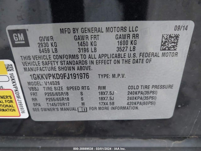 1GKKVPKD9FJ191976 GMC Acadia Sle-2