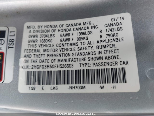 Honda Civic Lx 2014 2HGFG3B50EH526603 Image 9