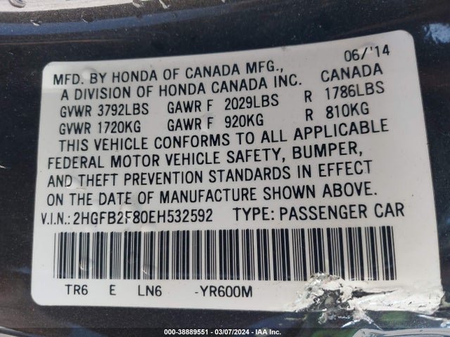 Honda CIVIC EX 2014 2HGFB2F80EH532592 Image 9