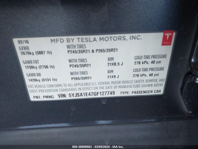 Tesla Model S 90d/p100d/p85d/p90d 2016 5YJSA1E47GF127749 Image 9