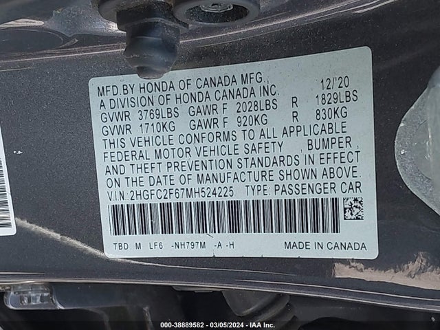 Honda Civic Lx 2021 2HGFC2F67MH524225 Image 9