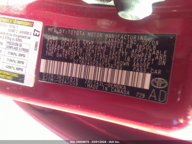 2009 TOYOTA COROLLA VIN: 2T1BU40E09C138785