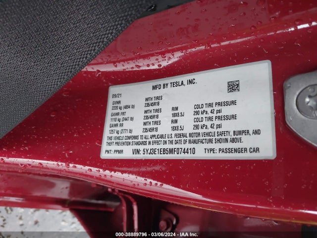 Tesla Model 3 Long Range Dual Motor All-wheel Drive 2021 5YJ3E1EB5MF074410 Image 9