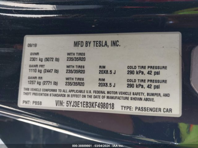 5YJ3E1EB3KF498018 Tesla Model 3 Long Range/performance