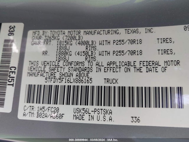 Toyota Tundra Sr5 2020 5TFDY5F16LX886165 Image 9