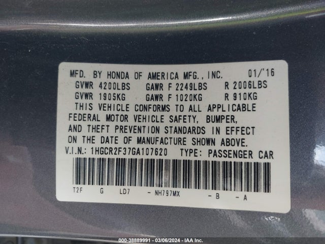 Honda ACCORD LX 2016 1HGCR2F37GA107620 Image 9