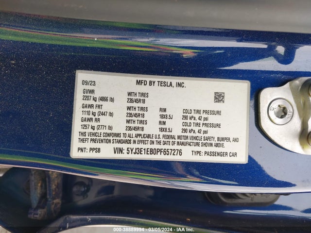 Tesla Model 3 Long Range Dual Motor All-wheel Drive 2023 5YJ3E1EB0PF657276 Image 9