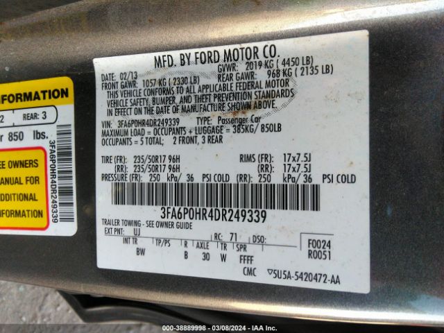 2013 FORD FUSION 3FA6P0HR4DR249339 Photo 8