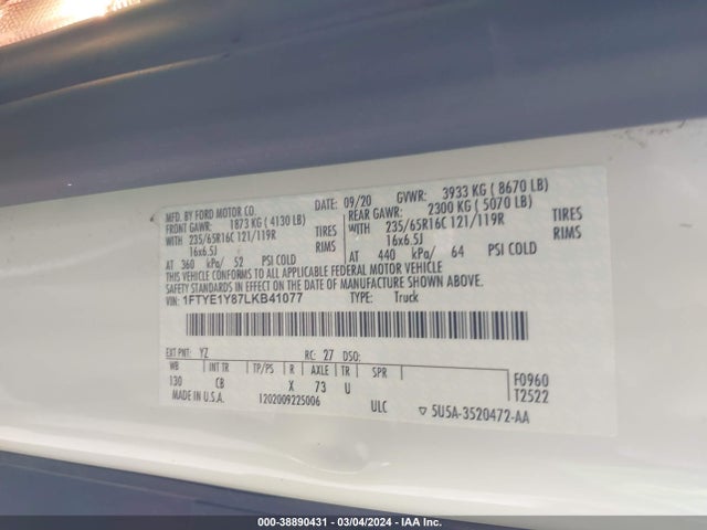 Ford Transit-150 2020 1FTYE1Y87LKB41077 Image 9