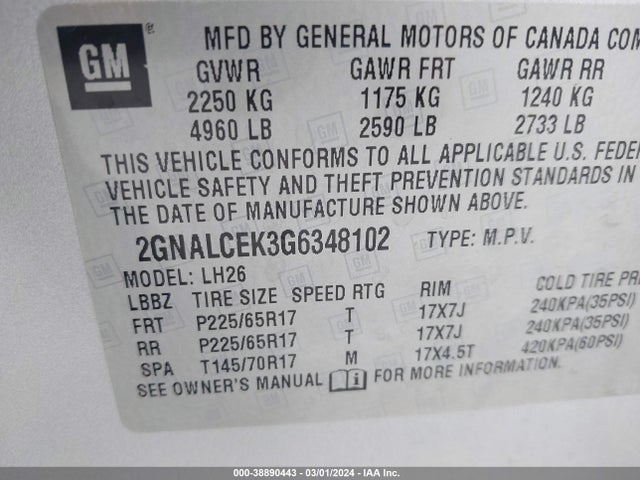 Chevrolet EQUINOX LT 2016 2GNALCEK3G6348102 Image 9