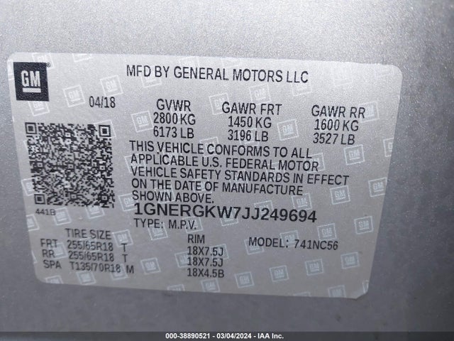 Chevrolet Traverse 1lt 2018 1GNERGKW7JJ249694 Image 9