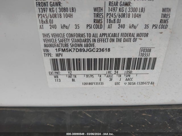 Ford EXPLORER XLT 2018 1FM5K7D89JGC23618 Image 9