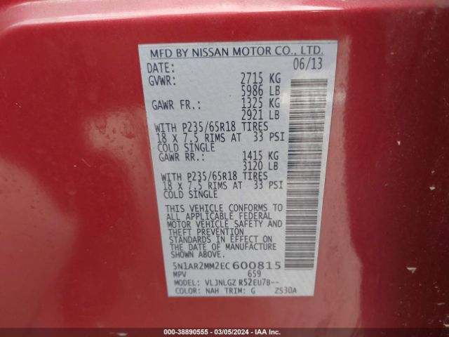 5N1AR2MM2EC600815 Nissan Pathfinder Sl