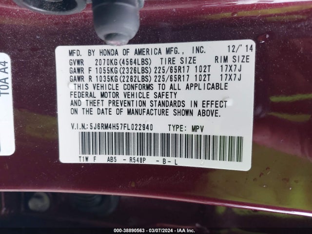 Honda CR-V EX 2015 5J6RM4H57FL022940 Image 9
