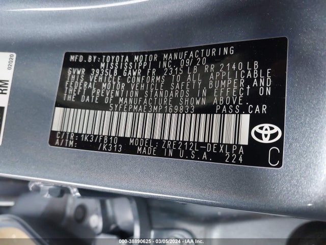 Toyota COROLLA LE 2021 5YFEPMAE3MP169833 Image 9