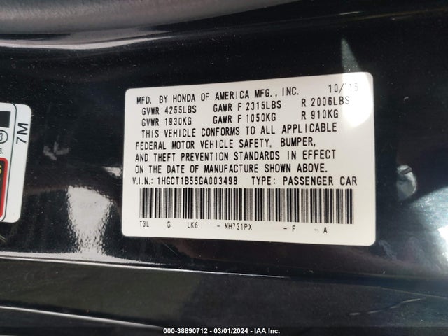 Honda ACCORD EX 2016 1HGCT1B55GA003498 Image 9