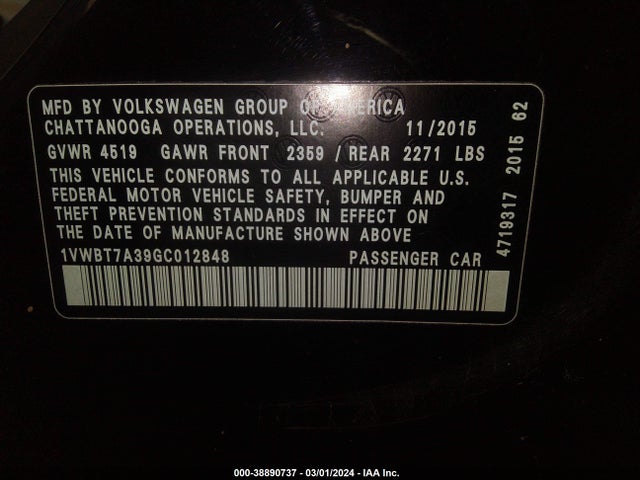 1VWBT7A39GC012848 Volkswagen Passat 1.8t Se
