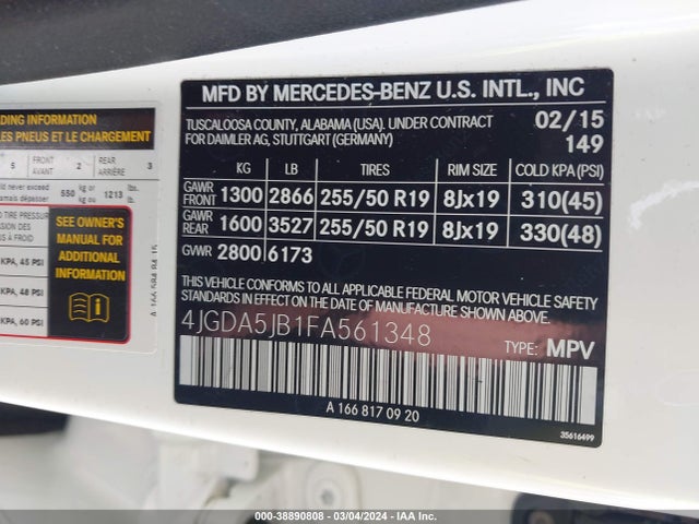 Mercedes-Benz ML 350 2015 4JGDA5JB1FA561348 Image 9