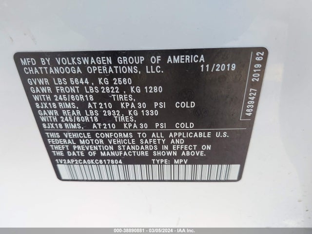 1V2AP2CA0KC617804 Volkswagen Atlas 2.0t S