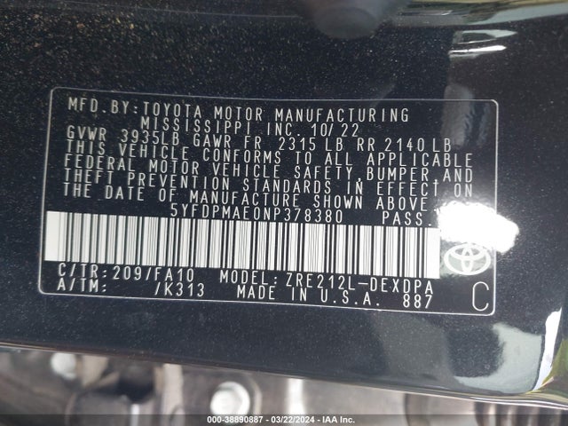 Toyota COROLLA L 2022 5YFDPMAE0NP378380 Image 9