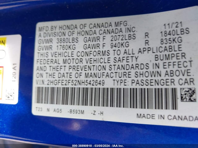Honda Civic Sport 2022 2HGFE2F52NH542649 Image 9