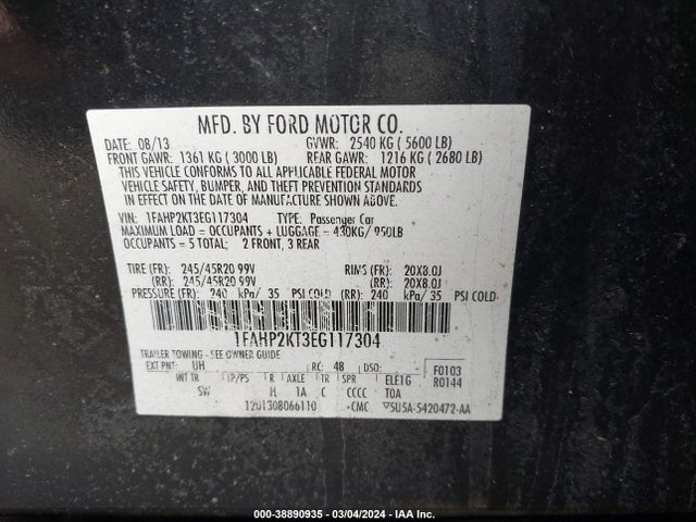 Ford TAURUS SHO 2014 1FAHP2KT3EG117304 Image 9