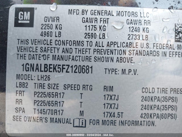 Chevrolet EQUINOX 1LT 2015 1GNALBEK5FZ120681 Image 9