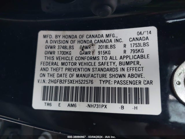 Honda Civic Lx 2014 2HGFB2F5XEH522576 Image 9