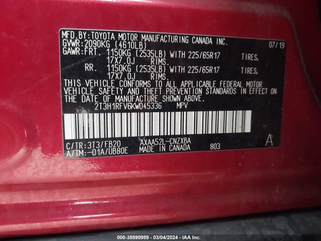 Toyota RAV4 LE 2019 2T3H1RFV6KW045336 Image 9