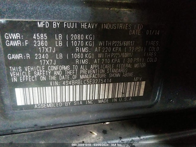 Subaru Outback 2.5i Limited 2014 4S4BRBLC5E3275414 Image 9