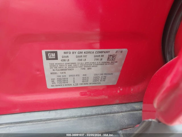 Aukcja sprzedaży 2016 Chevrolet Trax Lt, vin: KL7CJLSB0GB755624, numer aukcji: 38891037