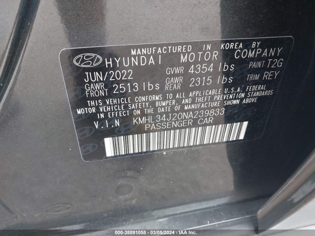 Hyundai Sonata Limited 2022 KMHL34J20NA239833 Image 9
