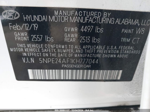 Hyundai SONATA SE 2019 5NPE24AF1KH777044 Image 9
